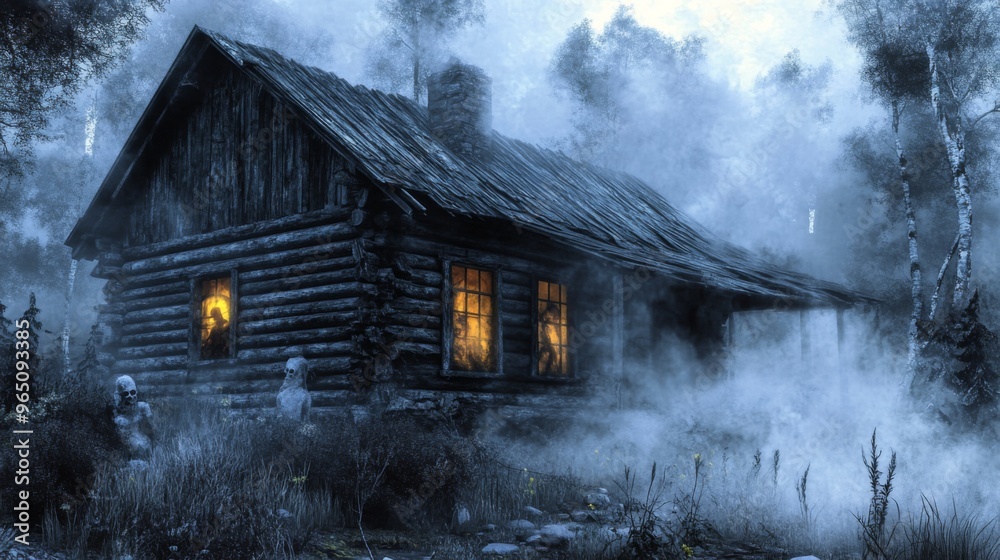 A Foggy, Dark Forest Cabin With Luminous Windows A Foggy, Dark Forest Cabin With Luminous Windows