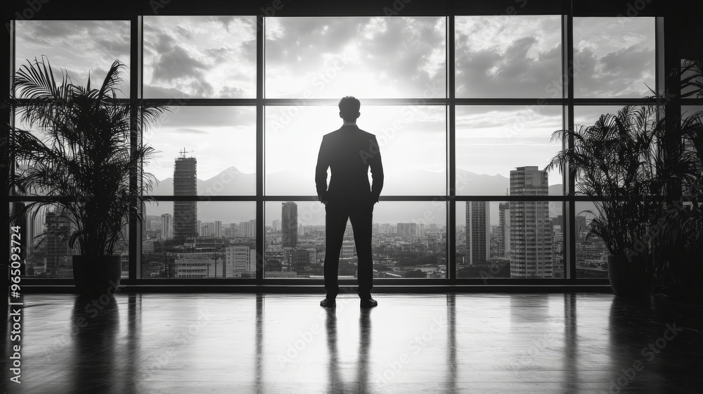Businessman Looking at City Skyline: A silhouette of a businessman standing in front of a large panoramic window, gazing out at a breathtaking city skyline. The setting sun casts a warm glow. Businessman Looking at City Skyline: A silhouette of a businessman standing in front of a large panoramic window, gazing out at a breathtaking city skyline. The setting sun casts a warm glow.