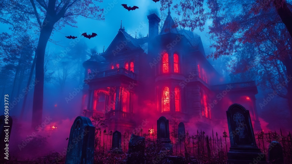A Haunted Mansion Bathed in Red and Blue Light, Surrounded by Gravestones in a Foggy Forest A Haunted Mansion Bathed in Red and Blue Light, Surrounded by Gravestones in a Foggy Forest