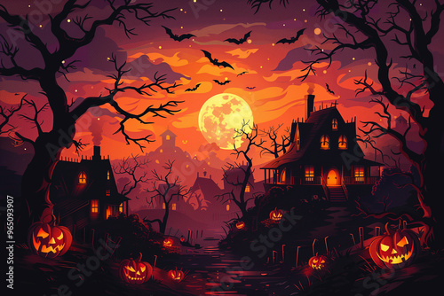 A haunting Halloween scene featuring glowing jack-o'-lanterns scattered across a spooky village landscape. The full moon lights up the sky, while bats fly overhead. Bare trees, generative ai photo