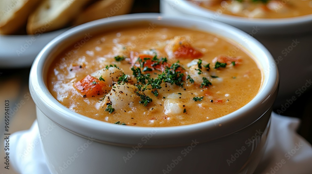 Close-up of Creamy Tomato Soup with Scallops and Parsley Close-up of Creamy Tomato Soup with Scallops and Parsley