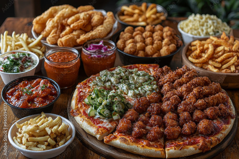 A pizza with various toppings, including fried chicken, served with fries and dipping sauces. A pizza with various toppings, including fried chicken, served with fries and dipping sauces.