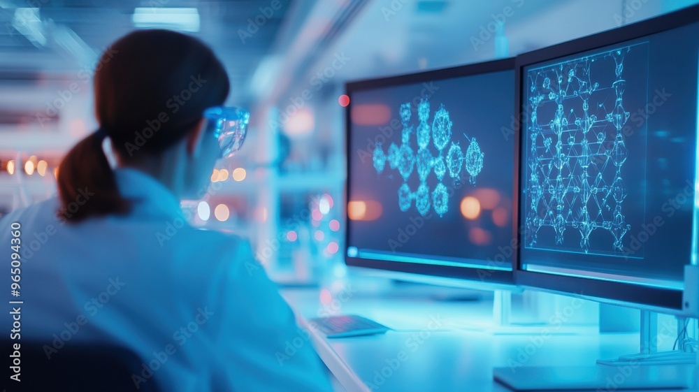 Scientist analyzing molecular structures on dual monitors in a high-tech laboratory, showcasing modern research and innovation. Scientist analyzing molecular structures on dual monitors in a high-tech laboratory, showcasing modern research and innovation.