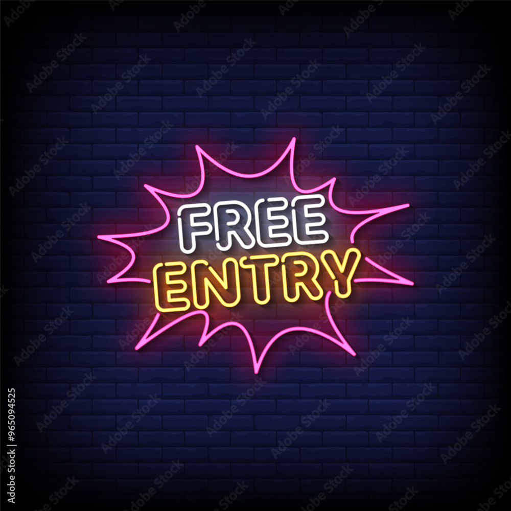 Φωτογραφία free entry neon sign vector with brick wall background