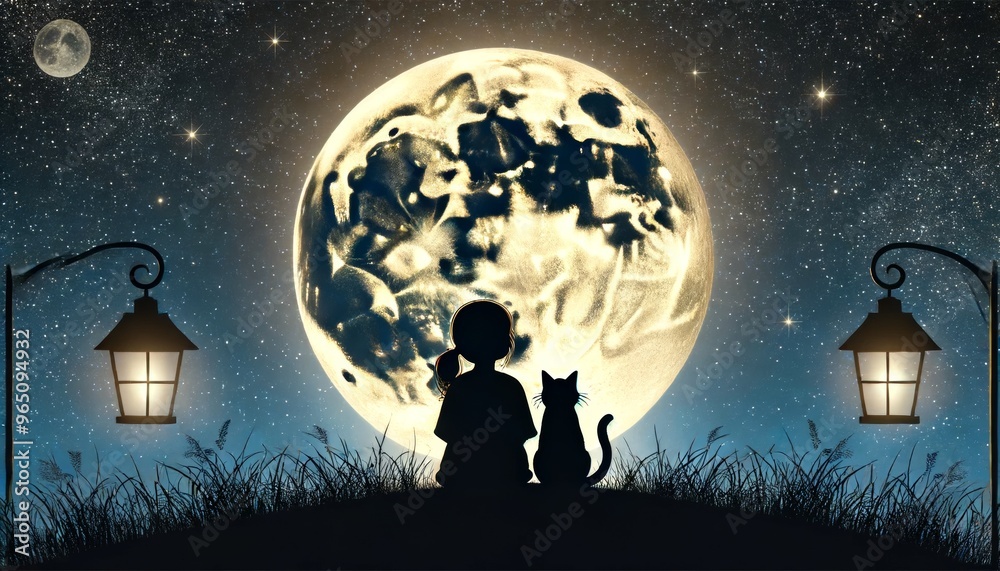 Φωτογραφία A silhouette of a child and a cat sitting close together, gazing up at a large, full moon in a clear night sky