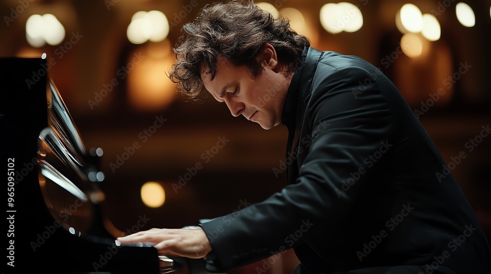 A man in a suit plays a grand piano on stage. A man in a suit plays a grand piano on stage.