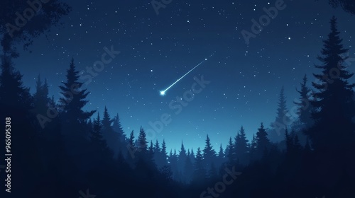 Shooting Star in Night Sky Above Silhouetted Woods