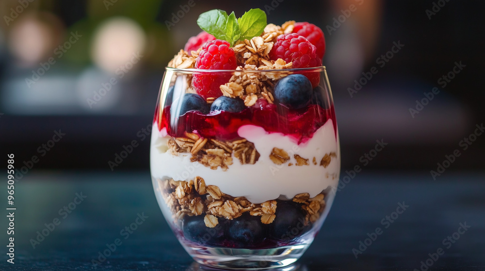 Yogurt dessert in a glass with layers of granola, fresh raspberries and blueberries, garnished with mint. A healthy and delicious option for breakfast or a snack