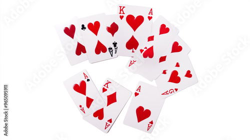 Playing cards displayed on a white background showcasing red hearts, including two aces and a king, arranged in a circular pattern