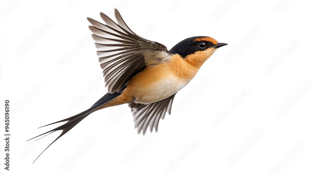 A swallow in flight showcasing its graceful wings against a white background during daytime A swallow in flight showcasing its graceful wings against a white background during daytime