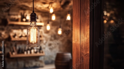 Vintage Edison Bulbs Illuminate a Cozy Wine Cellar at Night photo