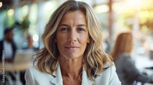 Confident middle-aged businesswoman engaging with clients in a group office meeting, showcasing expertise.