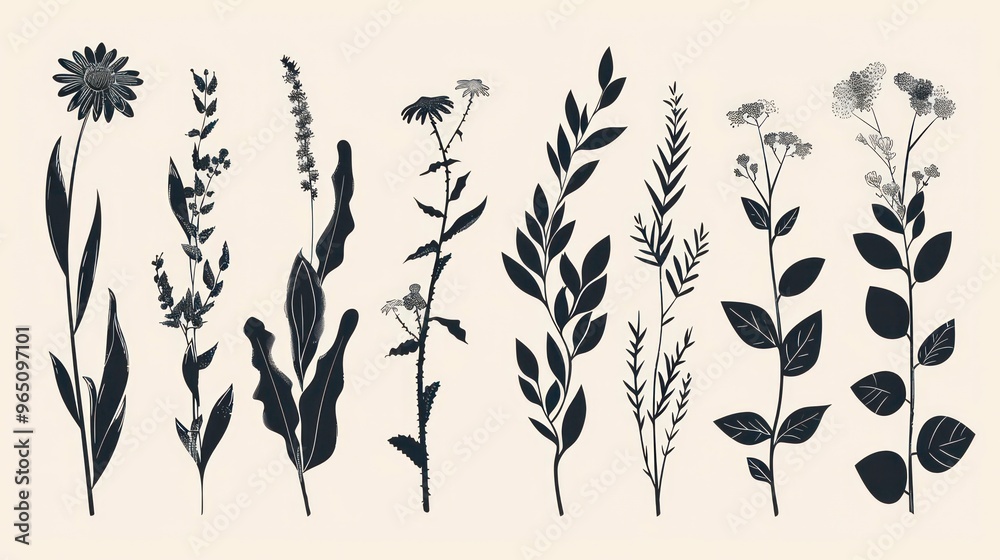Black silhouette of 8 different botanical floral plants with flowers and leaves on an off-white background. Black silhouette of 8 different botanical floral plants with flowers and leaves on an off-white background.