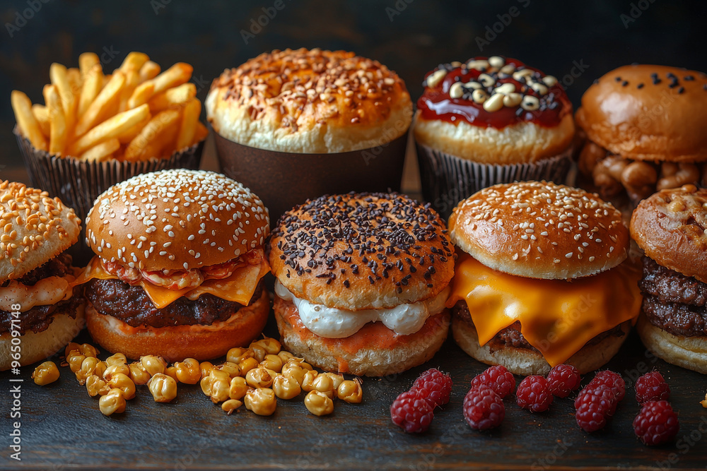 Close up of a variety of burgers on a wooden table. Close up of a variety of burgers on a wooden table.