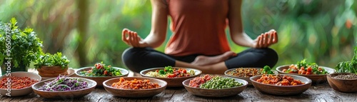 Peaceful meditation room with an individual seated in lotus position, surrounded by vibrant vegetarian dishes and calming natural elements, promoting mental health through mindful eating