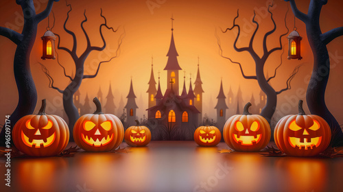 An eerie Halloween scene featuring glowing jack-o'-lanterns arranged in front of a haunting, silhouetted church. The foggy atmosphere, twisted trees, and lanterns create, generative ai photo