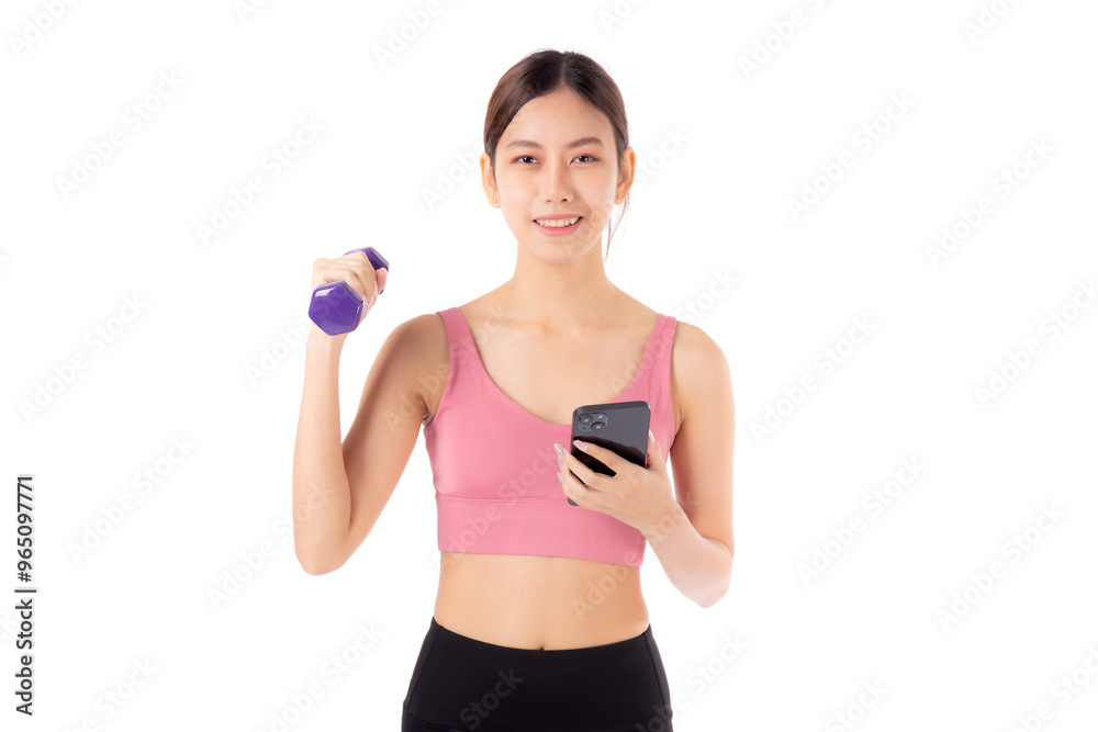 Portrait young asian woman lifting dumbbell and watching smartphone isolated white background, female fitness workout training holding dumbbell for muscle strong and strength, sport and health care. Portrait young asian woman lifting dumbbell and watching smartphone isolated white background, female fitness workout training holding dumbbell for muscle strong and strength, sport and health care.