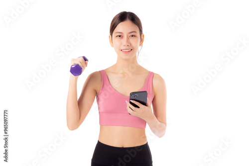 Portrait young asian woman lifting dumbbell and watching smartphone isolated white background, female fitness workout training holding dumbbell for muscle strong and strength, sport and health care.