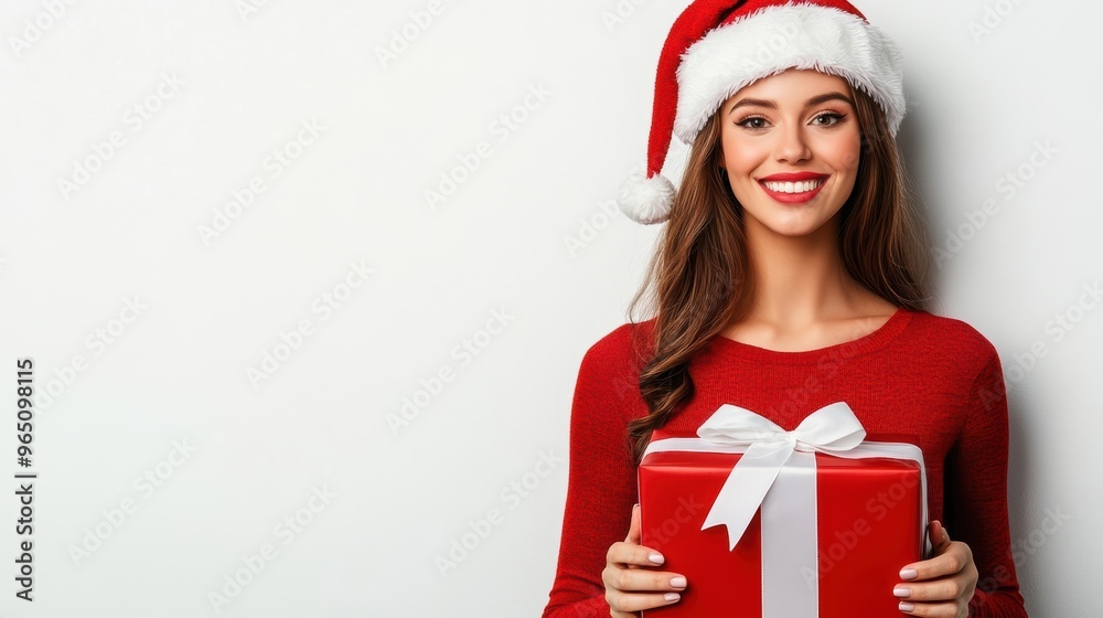 Smiling woman in a Santa hat holding a red Christmas gift wrapped with a white ribbon, isolated on a white background. Smiling woman in a Santa hat holding a red Christmas gift wrapped with a white ribbon, isolated on a white background.