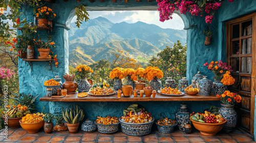 A colorful table set with traditional Mexican pottery and flowers overlooking a mountain landscape.