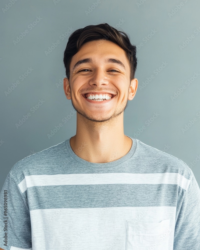A young man smiles brightly at the camera, wearing a casual striped shirt. His expression is full of joy and optimism. A young man smiles brightly at the camera, wearing a casual striped shirt. His expression is full of joy and optimism.