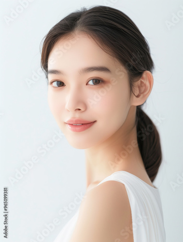 A captivating portrait of a young Asian woman with flawless, glowing skin and a soft expression. The bright white background adds a sense of purity and calm, ideal for promoting beauty, generative ai