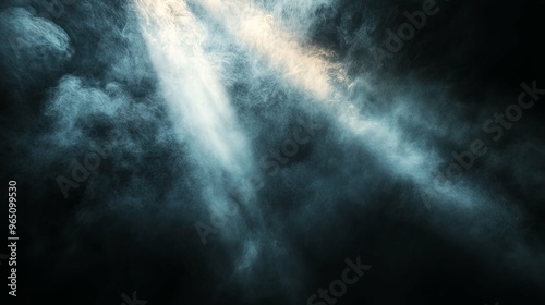 Abstract Image of White Light Beams Illuminating Blue Smoke Against a Dark Background