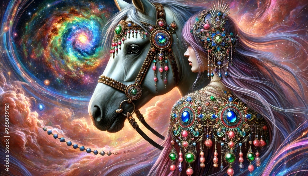 Fototapeta premium A close-up of the horse's head, focusing on its ornate bridle with beads and gems, matching the woman's accessories.