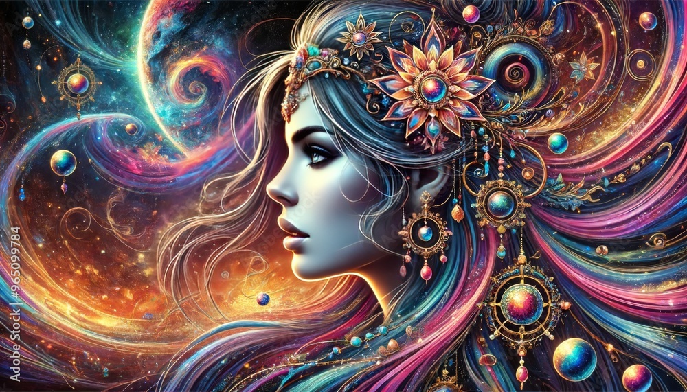 Φωτογραφία A side profile of the woman’s face with her hair flowing behind her, adorned with a colorful headpiece and intricate jewelry