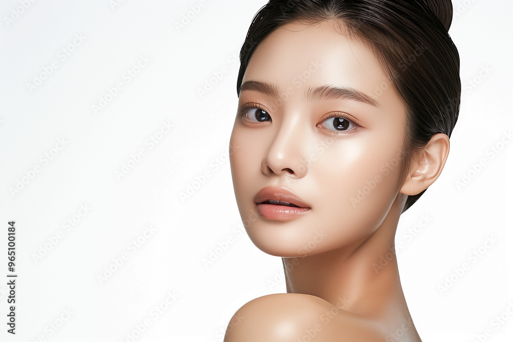 A captivating portrait of an Asian woman with radiant, flawless skin. She gazes softly at the camera, with her hair neatly pulled back to emphasize her natural beauty, generative ai A captivating portrait of an Asian woman with radiant, flawless skin. She gazes softly at the camera, with her hair neatly pulled back to emphasize her natural beauty, generative ai