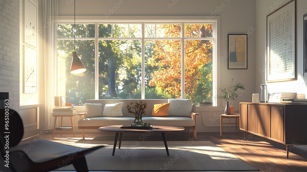 Fototapeta premium Modern Living Room with Vintage Charm, Featuring Retro Sofa, Sleek Coffee Table, and Classic Lighting for an Airy and Inviting Space