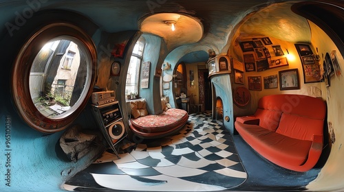 A View Inside a Unique and Eclectically Decorated Room with a Checkered Floor photo