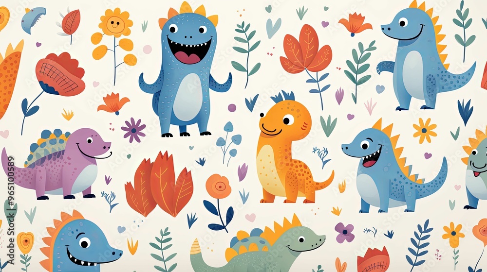 Colorful Cartoon Dinosaurs and Flowers Pattern Colorful Cartoon Dinosaurs and Flowers Pattern