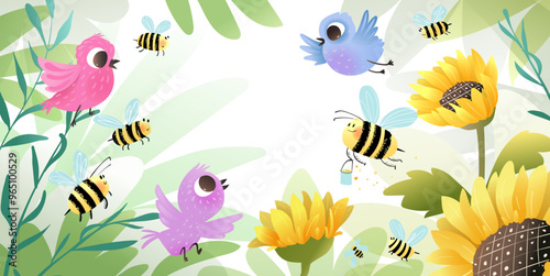 Magic summer garden background with birds bees and sunflowers for kids. Cute frame design for children with copy space, empty in the middle. Vector illustration in watercolor style.