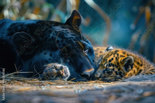 A black panther with a cub