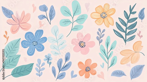 Watercolor-Style Floral and Leaf Pattern on Pink Background