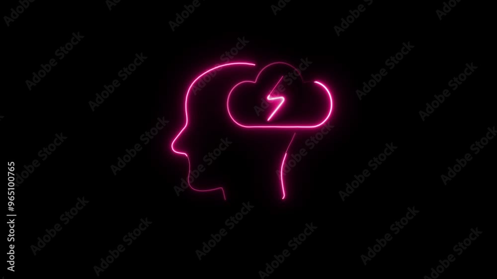 Neon Brainstorming Icon, Glowing Creative Idea Concept, Futuristic Cloud and Lightning Thought Symbol