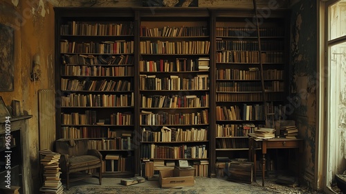 An Abandoned Room Filled with Bookshelves, Books, and Dust