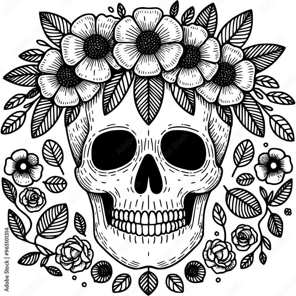 Human skull decorated with a floral wreath in monochrome. Simple minimalistic vector in black ink drawing on transparent background Human skull decorated with a floral wreath in monochrome. Simple minimalistic vector in black ink drawing on transparent background