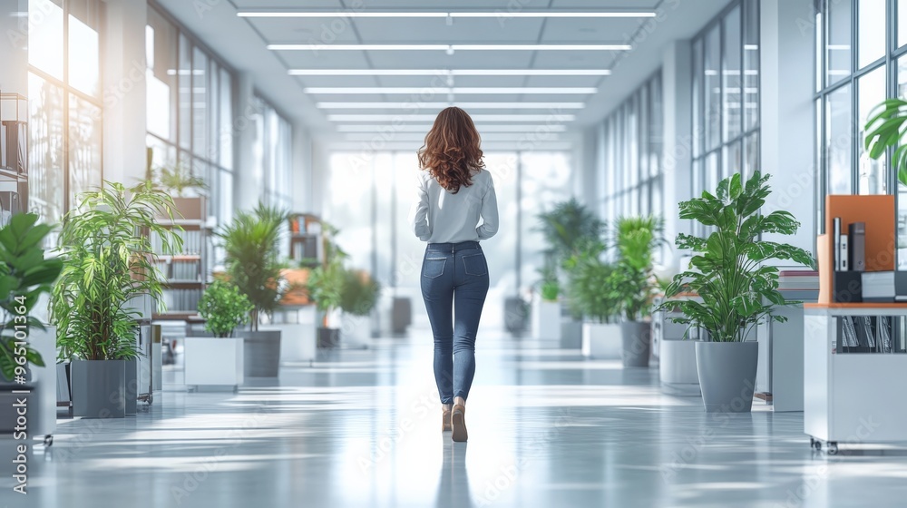 Confident Stride: A woman in a crisp white blouse and blue jeans walks confidently down a bright, modern office hallway, bathed in natural light.  The image exudes professionalism, determination, and 