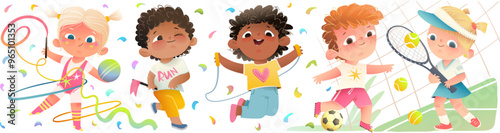 Sportive children characters boys and girls play sports and exercise. Running, gymnastics jumping and games as tennis and football for kids. Vector cartoon graphic clip art illustration collection.
