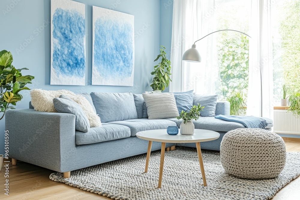 Cozy living room with blue decor and plants. Cozy living room with blue decor and plants.