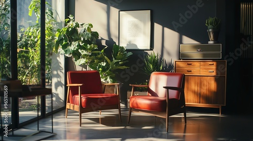 Sunlit Living Room with Red Armchairs and a Wooden Cabinet photo