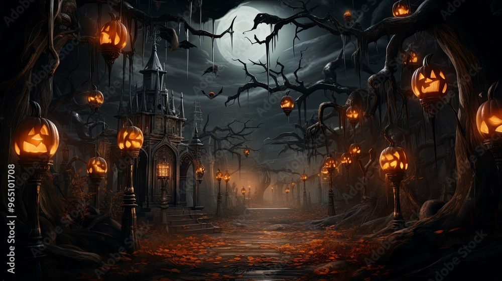 A Spooky Halloween Path Lit by Jack-O'-Lantern Lanterns A Spooky Halloween Path Lit by Jack-O'-Lantern Lanterns