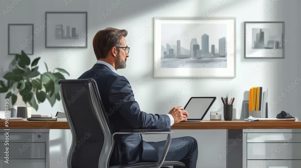 Focused Businessman at Desk: A thoughtful businessman, clad in a tailored suit and glasses, sits at his desk, intently focused on his tablet, bathed in the soft glow of a sunbeam filtering through the Focused Businessman at Desk: A thoughtful businessman, clad in a tailored suit and glasses, sits at his desk, intently focused on his tablet, bathed in the soft glow of a sunbeam filtering through the