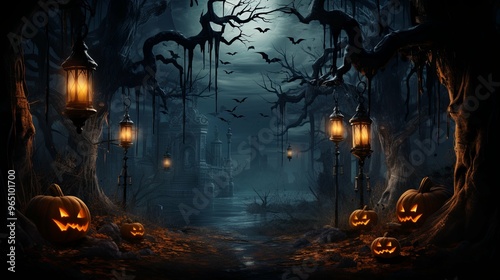 A Spooky Halloween Scene with Jack-o'-lanterns and a Haunted House in the Distance