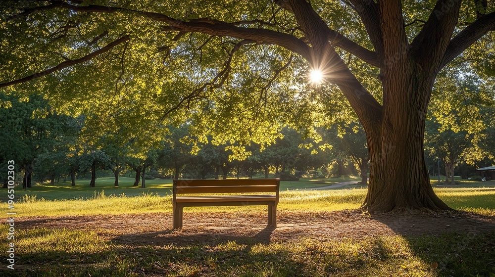 A Bench Underneath a Large Tree with Sunlight Shining Through the Leaves A Bench Underneath a Large Tree with Sunlight Shining Through the Leaves
