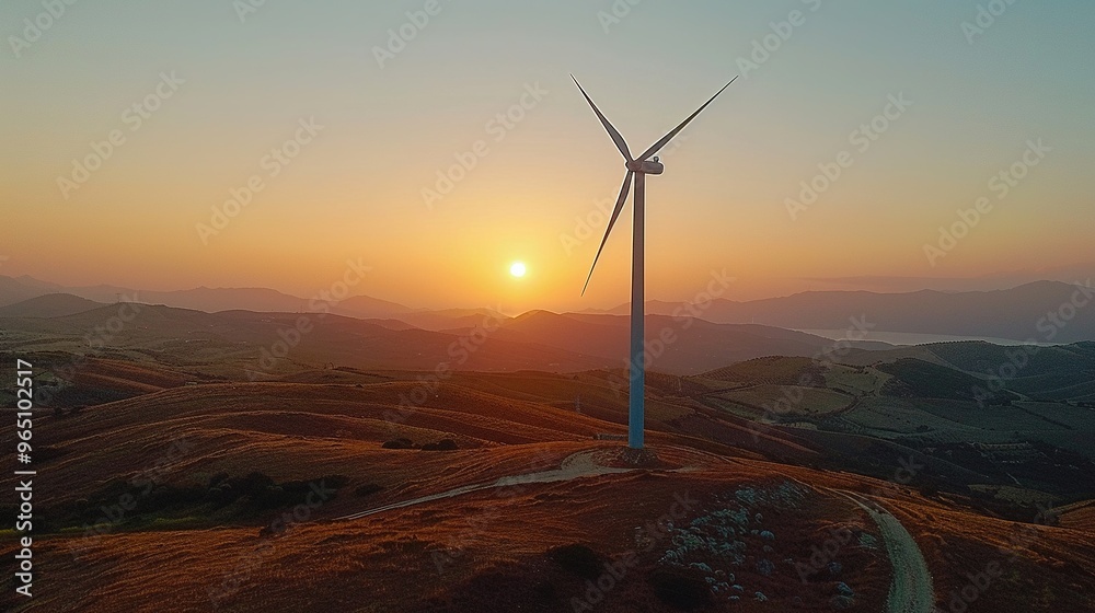 A wind turbine is standing in a field with a beautiful sunset in the background A wind turbine is standing in a field with a beautiful sunset in the background