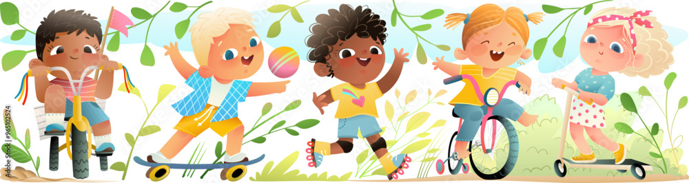 Active children boys and girls on wheels riding bicycle rollers and skateboard. Summer hobby and childhood activities, multiracial kids sport. Vector cartoon graphic clip art illustration collection. Active children boys and girls on wheels riding bicycle rollers and skateboard. Summer hobby and childhood activities, multiracial kids sport. Vector cartoon graphic clip art illustration collection.