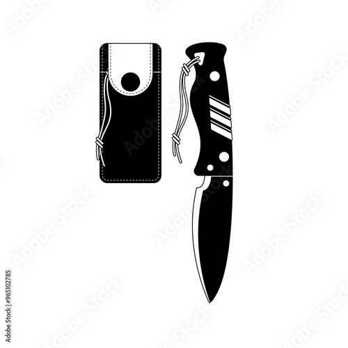 Camping folding knife and matching leather sheath isolated on a white background, monochrome style,camping gear vector illustration